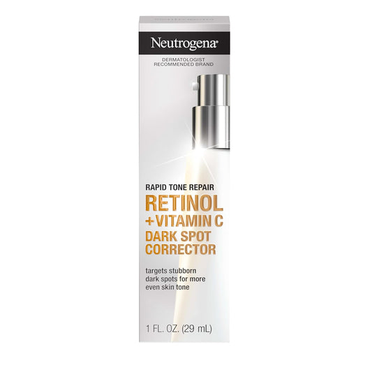 Neutrogena Rapid Tone Repair Retinol + Vitamin C Dark Spot Corrector Face Serum, Daily Anti-Wrinkle Dark Spot Corrector to Brighten & Even Tone, Mineral-Oil & Dye-Free, White, 1 oz-Velvo Beauty