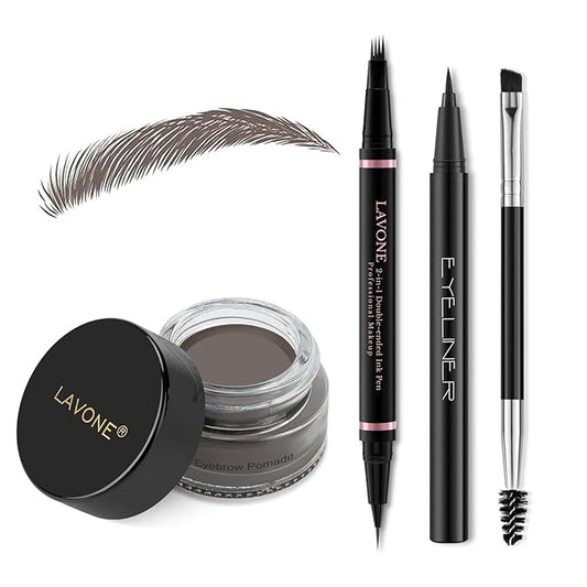 LAVONE Eyebrow Pencil Makeup Kit, with Waterproof 2-IN-1 Microblading Eyebrow Pen, Eyebrow Pomade, Eyeliner and Dual-ended Eyebrow Brush, Brow Pencil Kit for Natural Eyebrows - Ebony-Velvo Beauty