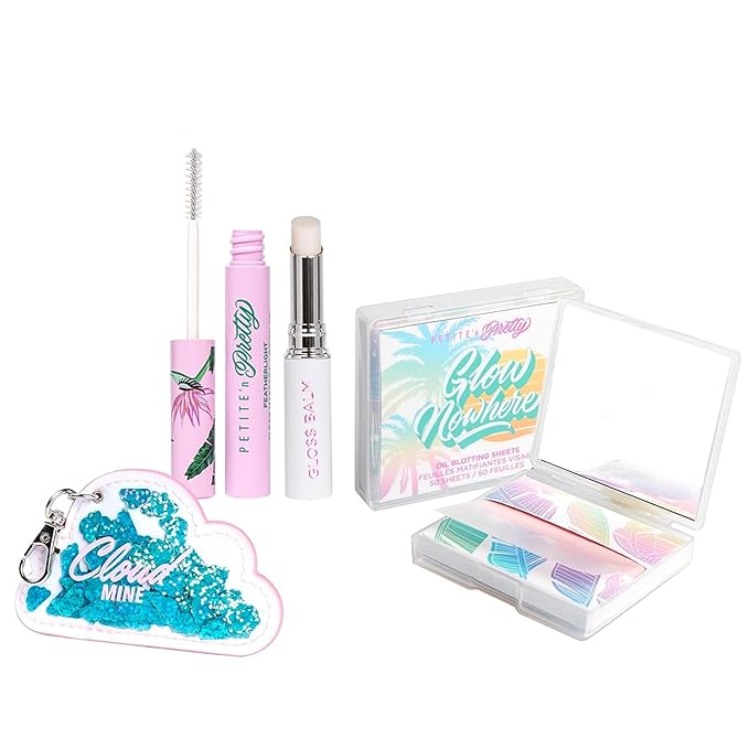 Petite 'n Pretty New Makeup Set - Featherlight Clear Mascara & Brow Gel, Glo$$ Balm, Cloud Mine Backpack, Biodegradable Blotting Sheets + Makeup Bag for Kids, Tweens and Teens-Velvo Beauty