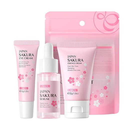 Skin Care Set JAPAN SAKURA Women Beauty Gift Sets Skin Care Kit with Serum, Eye Cream, Face Cream Travel Kit for Women Wife Mom Teen Girls TSA-friendly Sizes Birthday Gift 3pcs-Velvo Beauty