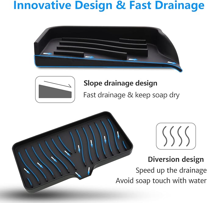 3-Pack Silicone Soap Dish, Sponge Holder for Sink, Kitchen Soap Tray, Bathroom Soap Holder, Sponge Tray with Drain (Black)-Velvo Beauty