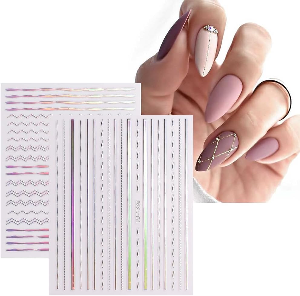12 Sheets French Line Nail Art Stickers Aurora Star Heart Nail Decals Self-Adhesive Pegatinas Uñas Glitter Holographic Laser Silver Nail Supplies for Women Nail Art Design Decoration-Velvo Beauty