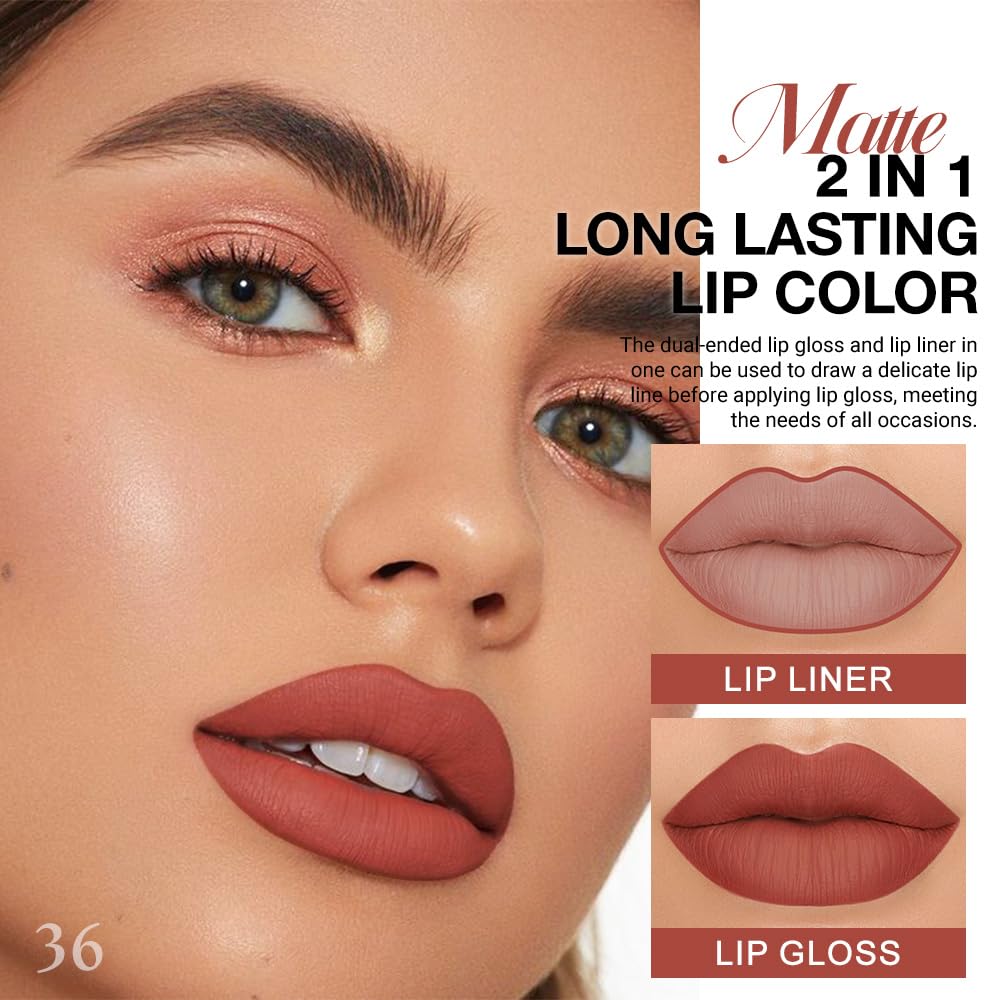 evpct 1Pcs Reddish Brown Matte Lip Liner and Liquid Lipstick Stain Makeup Set for Women, Cranberry Red Long Lasting Smudge Proof Lipstick labiales matte mate larga duracion listip 24 hours originales-Velvo Beauty
