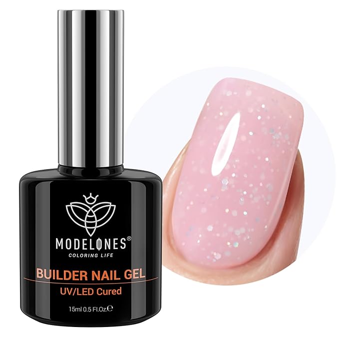 modelones Builder Nail Gel, 8-in-One Nude Pink Glitter Builder, Rainbow Iridescent Shimmer Nail Gel Polish, Jelly Pink Sparkle LED Lamp Cured Hard Rubber Color Base for Home DIY Salon Girls-Velvo Beauty