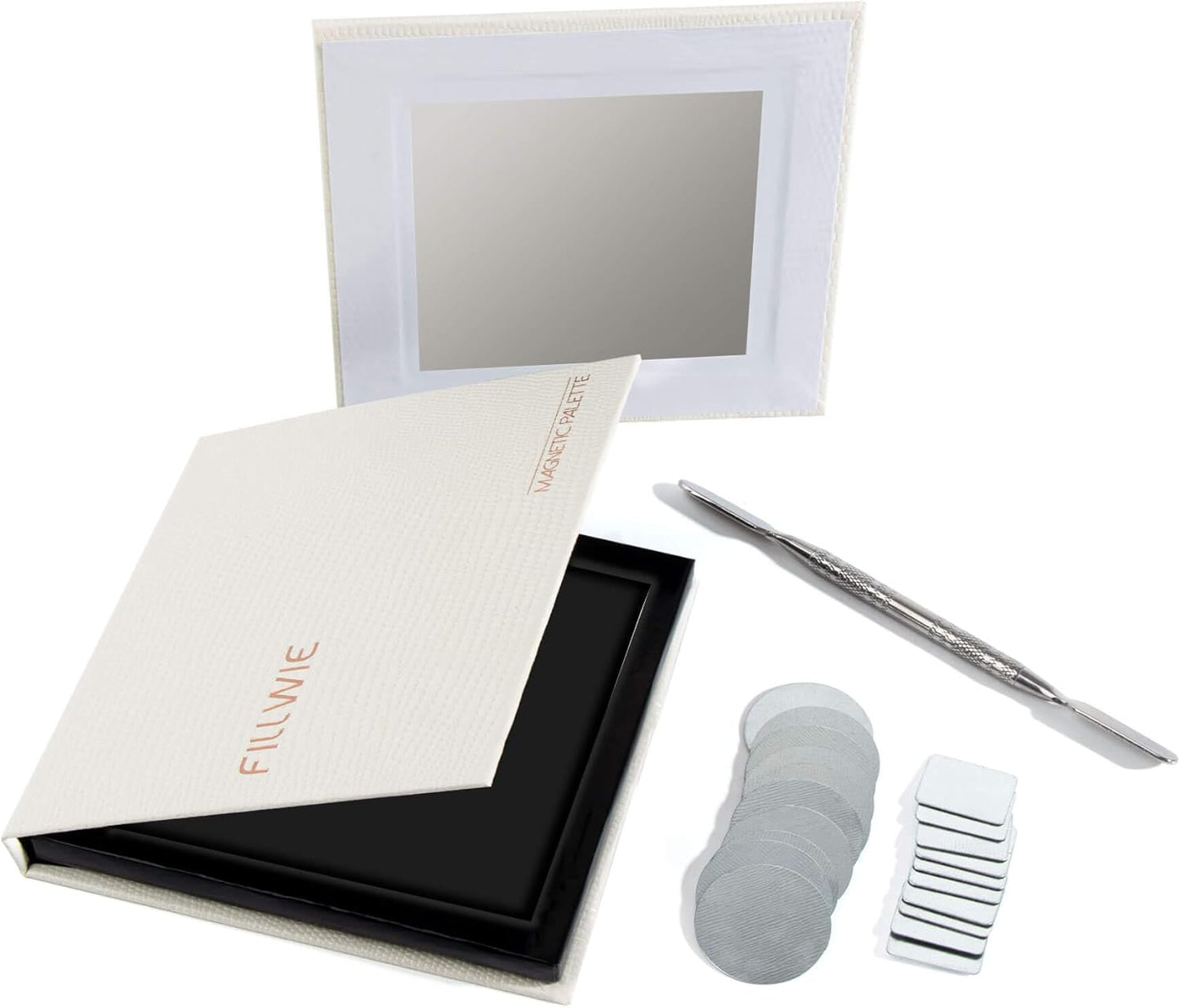 White Magnetic Refillable Makeup Palette with Mirror – Lightweight, Durable, Travel-Ready Case for Eyeshadow, Blush, Lipstick – Includes Spatula & 20 Stickers – Small, Waterproof Paperboard-Velvo Beauty