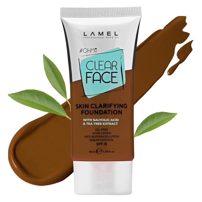 LAMEL OhMy Clear Face Full Coverage Foundation - Acne Coverage - Salicylic Acid & Tea Tree Extract - Dewy & Flawless Finish - Sensitive Skin Care - Organic & Oil-Free - 410, 1.35 fl.oz-Velvo Beauty