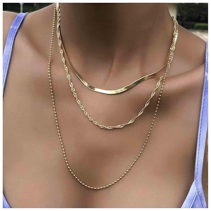 Punk Layered Chain Necklace Gold Flat Snake Chain Necklace Choker Vintage Herringbone Necklace Stacking Chunky Necklace Chain Jewelry for Women and Girls Gift-Velvo Beauty