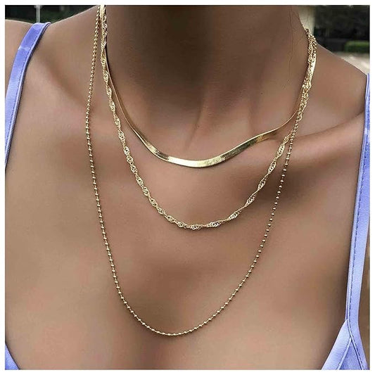 Punk Layered Chain Necklace Gold Flat Snake Chain Necklace Choker Vintage Herringbone Necklace Stacking Chunky Necklace Chain Jewelry for Women and Girls Gift-Velvo Beauty
