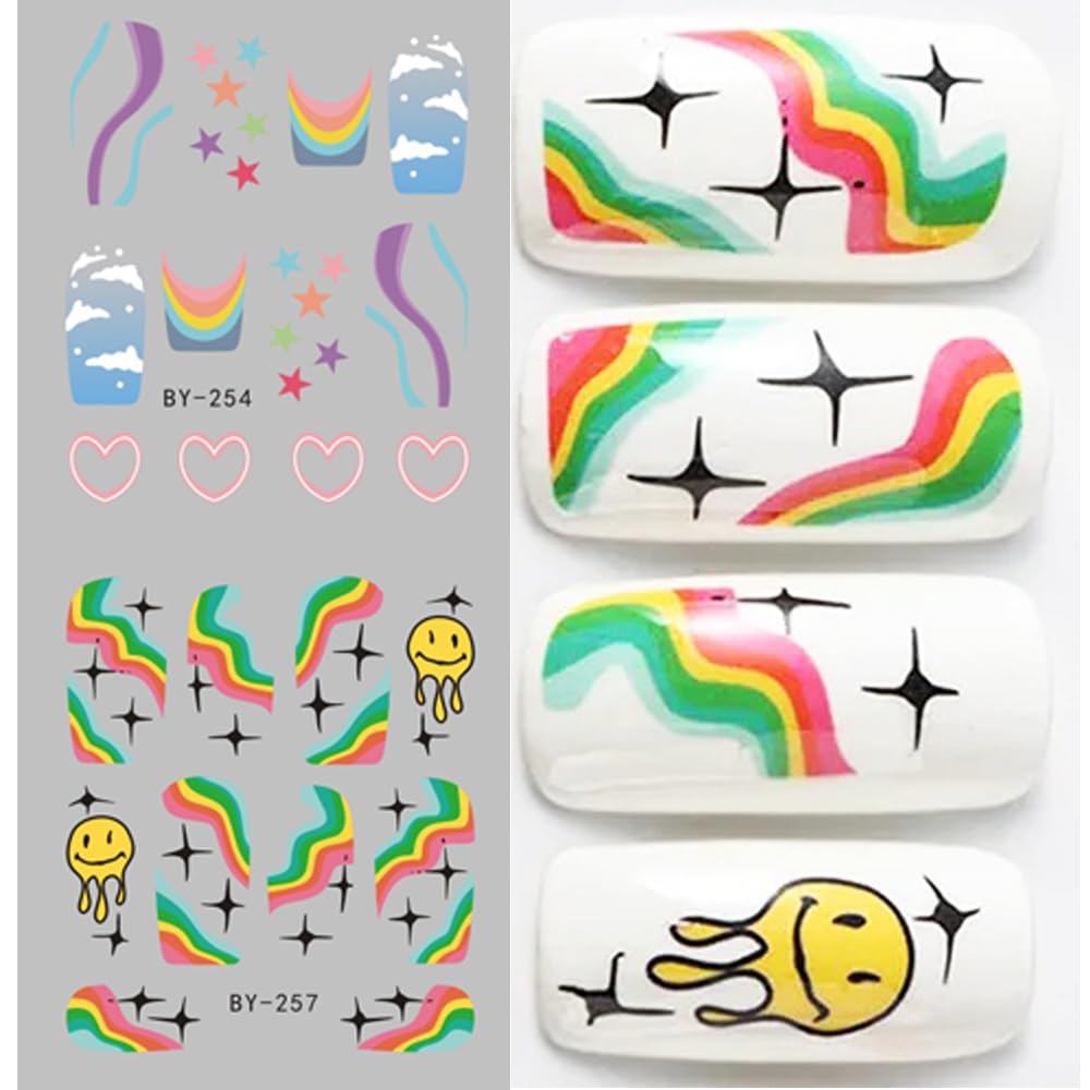 Abstract French Tips Nail Art Stickers Decals Colorful Sun Flower Smiling Nail Foils Sticker Water Transfer Nail Decals Rainbow Design Acrylic Nail Sticker for Nail Art Women Nail Decoration 12Pcs-Velvo Beauty