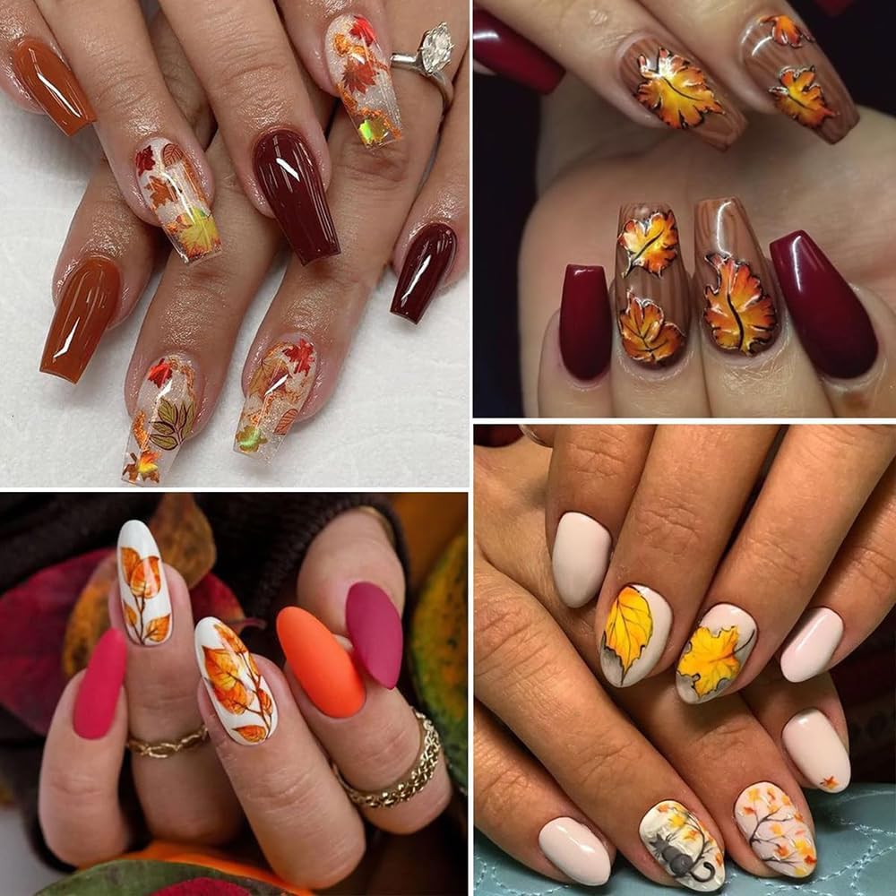 12 Sheets Fall Maple Leaf Nail Art Stickers Autumn Water Transfer Nail Decals Thanksgiving Day Nail Art Supplies Turkey Pumpkin Leaves Scarecrow Nail Design Slider Stickers for Women Nail Decorations-Velvo Beauty