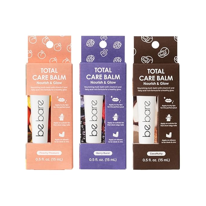 Total Care Balm Variety Pack - Berry Burst, Peachy Pleasure, CocoNutty Nourishing Multi-Balm with Vitamin E for Moisturizing Lips, Nails, Elbows and Dry Skin (3 pc)-Velvo Beauty