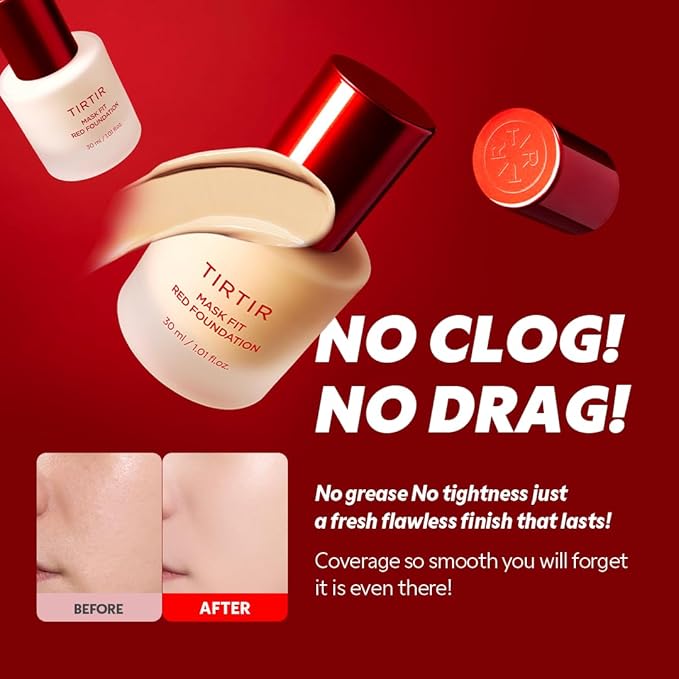 TIRTIR Mask Fit Red FoundationㅣLong Lasting Flawless Coverage, Energy Essence, Lightweight, Hydrating, Pore-Blurring, Breathable Satin Finish, Makeup, Radiant Skin, #51N Fudge, 1.01 Fl Oz-Velvo Beauty