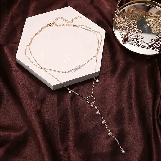 Boho Circle Pearl Lariat Necklace Gold Long Lariat Chain Necklace Tiny Pearl Choker Necklace Drop Pearl Chain Y Necklace Jewelry for Women and Girls Gifts-Velvo Beauty