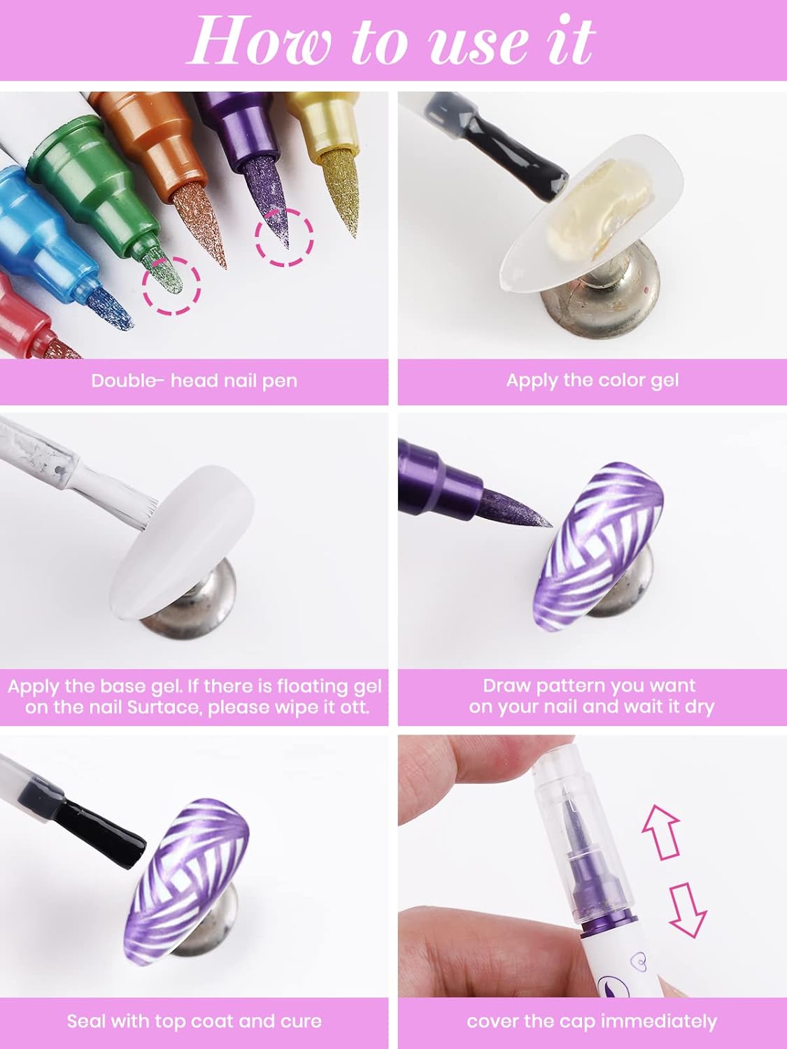 10 Color Metal Giltter 3D Nail Art Pens Set, Kalolary Double-ended Nail Point Dotting Pen Drawing Painting Liner Brush for DIY Nail Art Beauty Adorn Manicure Tools(G)-Velvo Beauty