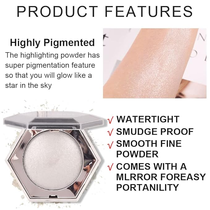 Pearl White Shimmer Glitter Highlighter Highlight Makeup Contour Powder,Silver Face Highlighter, Highlighter+Makeup iluminadores Illuminator Make Up (Shiny Silver)-Velvo Beauty