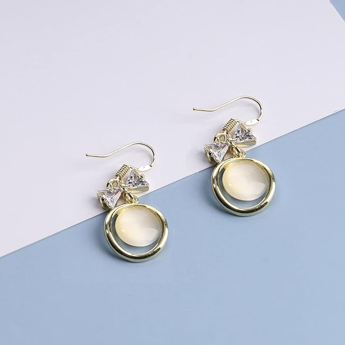 Vintage Circle Drop Earring Gold Cat Eye Stone Earrings Dangle Chalcedony Earrings with Bowknot Earrings Jewelry for Women and Teen Girls-Velvo Beauty
