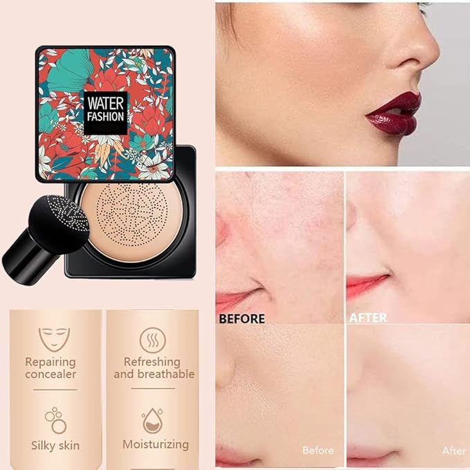 Air Cushion CC Cream Mushroom Head Foundation Air Cushion BB Cream Concealer Moisturizing Brighten Makeup Long Lasting Waterproof-Natural 1Pack-Velvo Beauty