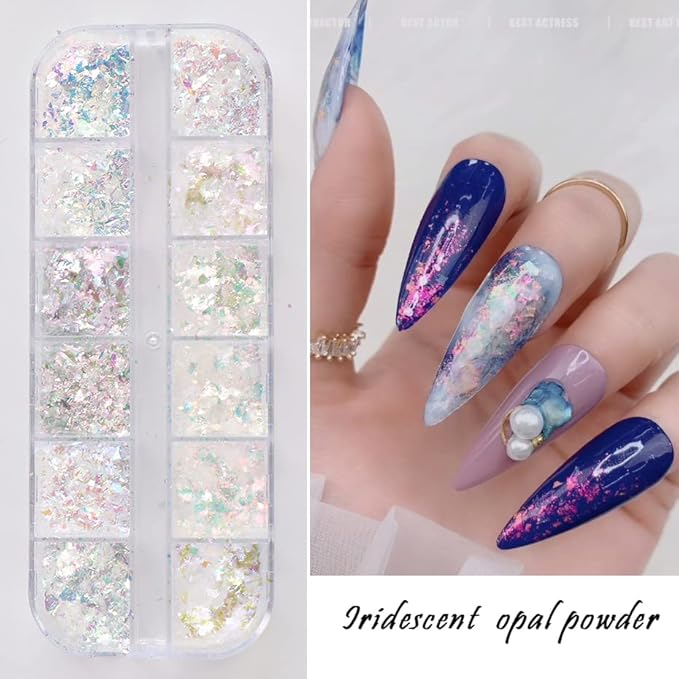 Holographic Iridescent Nail Art Nail Glitter KALEFUL Powder Aurora Foil Sequins Flakes Paillettes Designs Manicure Nail Decorations - 12 Grids-Velvo Beauty