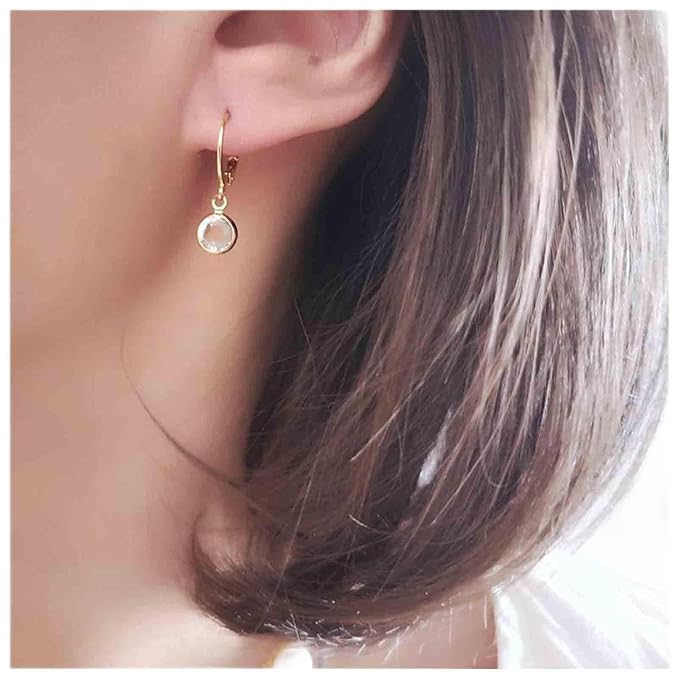 Round Bezel Dangle Earrings Gold Crystal Quartz Earrings Faceted Gemstone Earrings Tiny Circular Leverback Earrings Jewelry for Women and Girls-Velvo Beauty