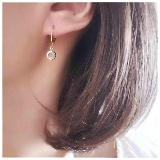 Round Bezel Dangle Earrings Gold Crystal Quartz Earrings Faceted Gemstone Earrings Tiny Circular Leverback Earrings Jewelry for Women and Girls-Velvo Beauty