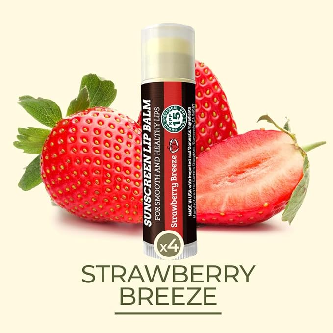 SPF Lip Balm 4-Pack by Earth's Daughter - Lip Sunscreen, SPF 15, Organic Ingredients, Strawberry Flavor, Beeswax, Coconut Oil, Vitamin E - Hypoallergenic, Paraben Free, Gluten Free-Velvo Beauty