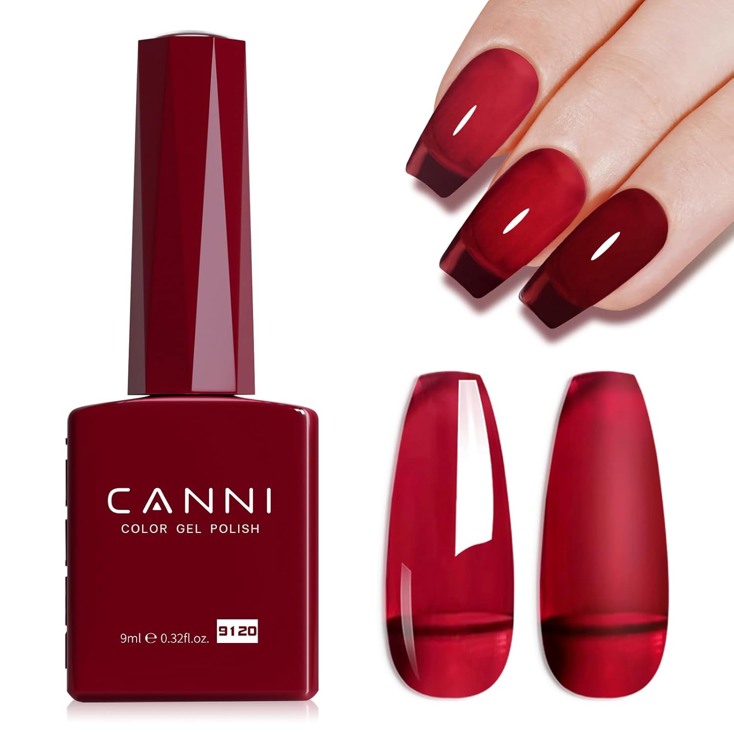 CANNI Jelly Red Gel Polish – 0.3oz Translucent Deep Dark Red Sheer Wine Color, High Gloss UV/LED Soak-Off Gel Nail Polish for DIY Manicure, Salon Quality For Girls & Women-Velvo Beauty