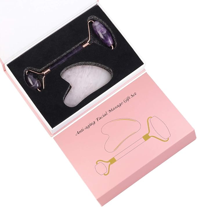 mookaitedecor Amethyst Roller & Rose Quartz Gua Sha Scraping Massage Tool Set, Face Massager for Wrinkles, Anti Aging-Velvo Beauty