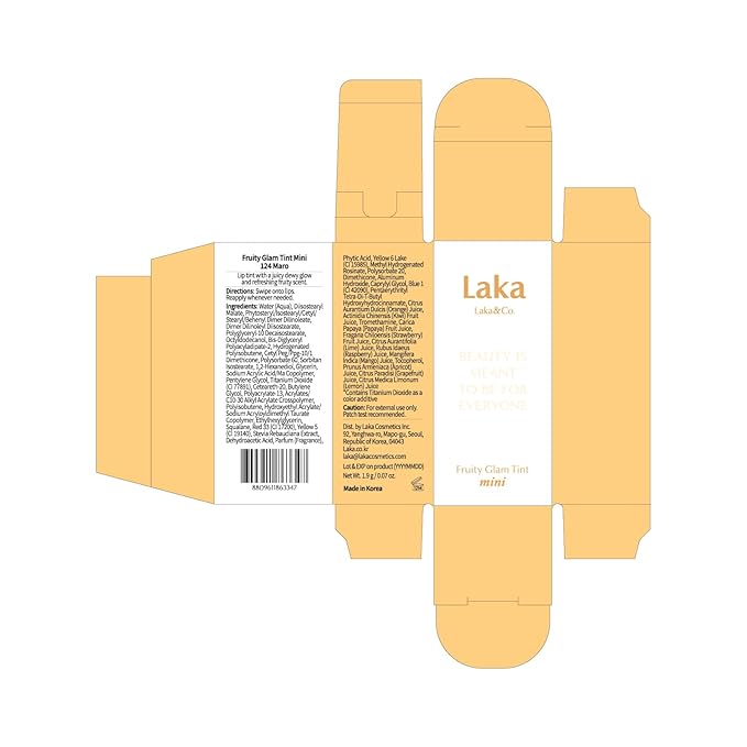 Laka Fruity Glam Tint, 4.5g/0.15 oz., Glowing Lip Stain with Wide Color Spectrum, Hydrating & Lightweight Texture, Long-Lasting Bold Stain, Non-Sticky, Vegan, K-Beauty (#124 Maro)-Velvo Beauty