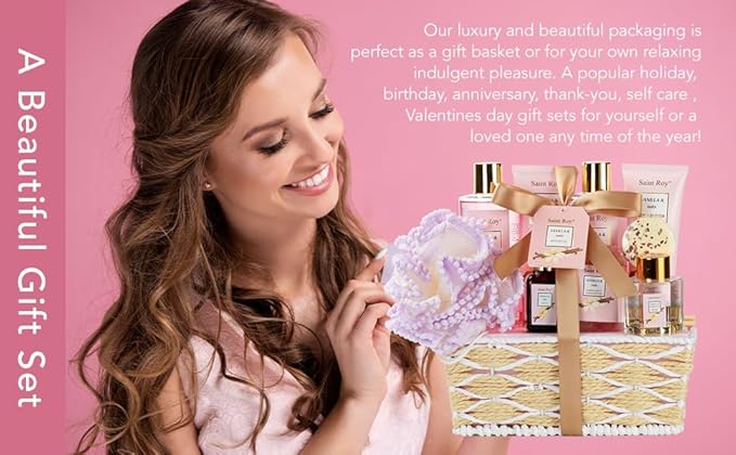 Bath and Body Gift Baskets for Women, 12 Pcs Vanilla Oat Spa Gifts for Women. Bath Gift Set Enriched Shea Butter. Home Spa with Shower Gel, Body Oil, Saint Roy Gifts for Mom-Velvo Beauty