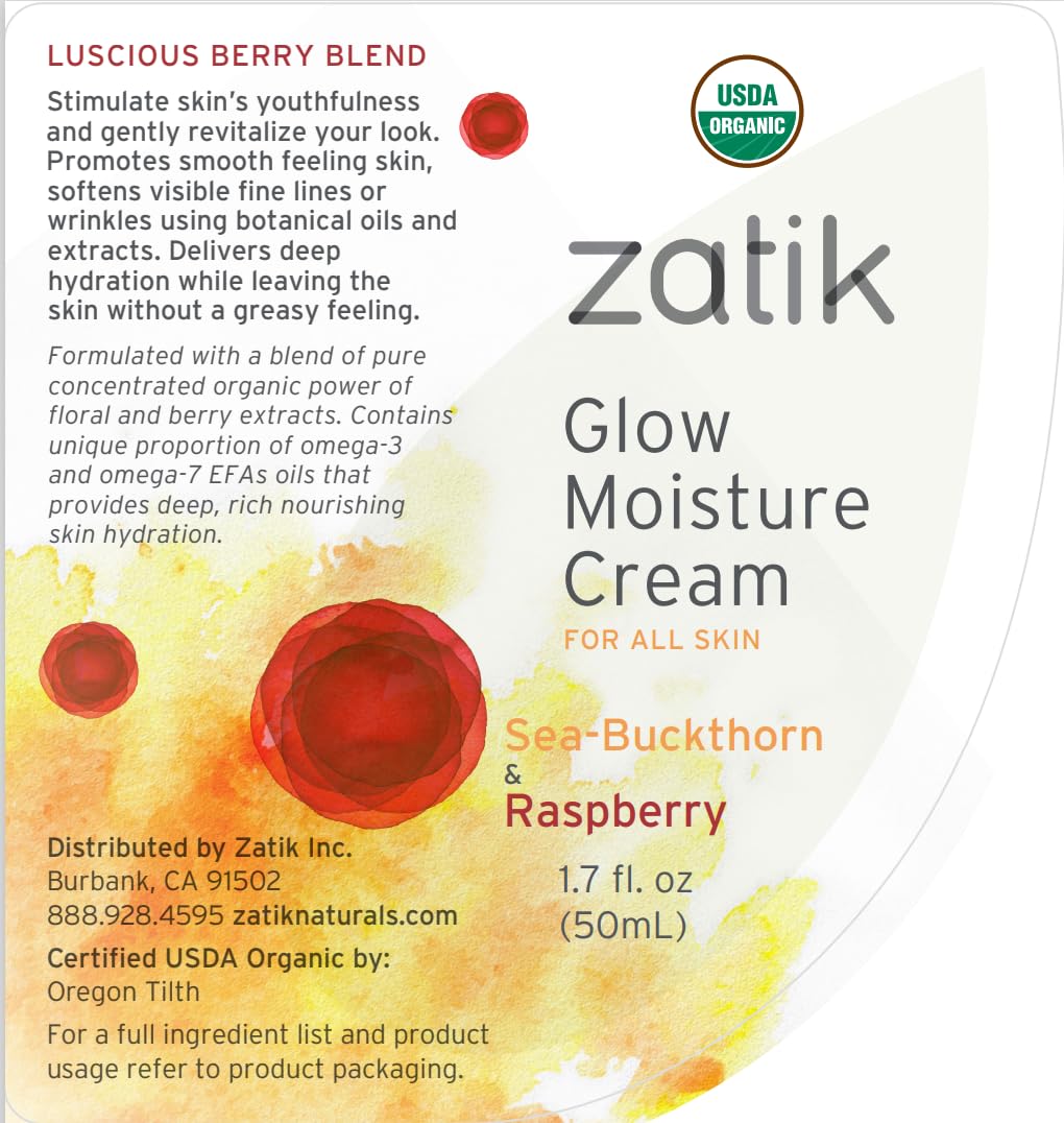 Zatik Naturals - Glow Moisture Cream, Sea-Buckthorn & Raspberry Luscious Berry Blend, USDA Certified Organic, Vegan, Non-GMO, Gluten Free, Alcohol Free, pH Balanced, Biodegradable, 1.7 oz, 50 mL-Velvo Beauty