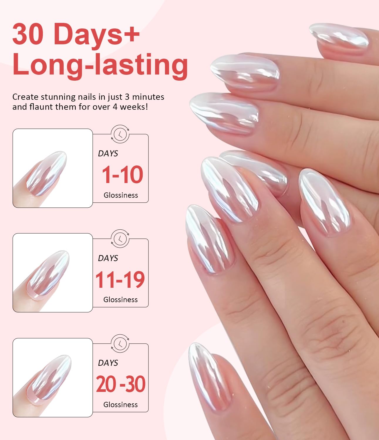 Pearl Chrome Nail Powder BISHENGYF -【Fairy Effect】 Pink Chrome Nail Powder White Pearlesent Aurora Mermaid Iridescent Nail Chrome Powder, Metallic Mirror Glitter Pigment Dust for Nail Art DIY 2PCS-Velvo Beauty