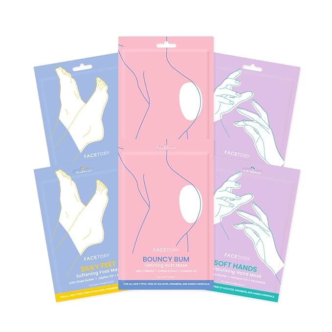 FACETORY Body Spa Sheet Mask Bundle Variety Pack of 6 with Korean Sheet Masks for Feet, Hands, and Butt - Softening, Hydrating, Nourishing, Moisturizing, for Dry, Cracked Skin-Velvo Beauty