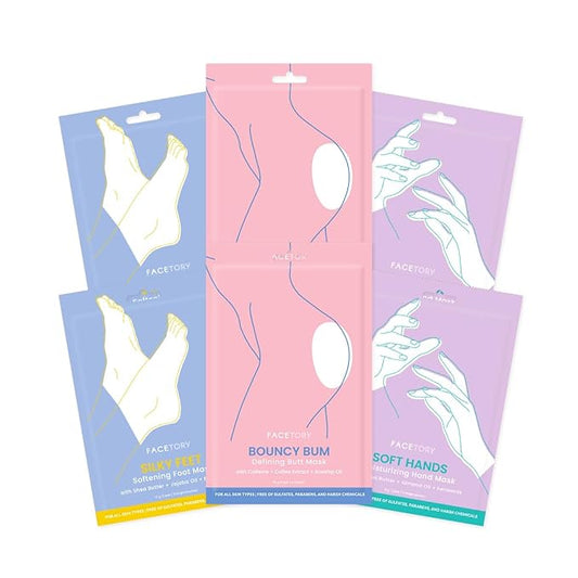 FACETORY Body Spa Sheet Mask Bundle Variety Pack of 6 with Korean Sheet Masks for Feet, Hands, and Butt - Softening, Hydrating, Nourishing, Moisturizing, for Dry, Cracked Skin-Velvo Beauty