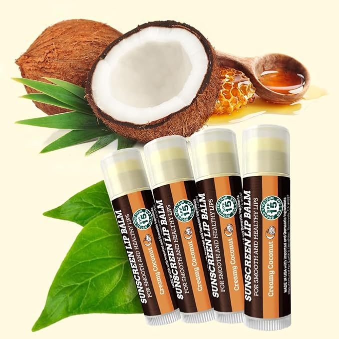 SPF Lip Balm 4-Pack by Earth's Daughter - Lip Sunscreen, SPF 15, Organic Ingredients, Coconut Flavor, Beeswax, Coconut Oil, Vitamin E - Hypoallergenic, Paraben Free, Gluten Free, New-Velvo Beauty
