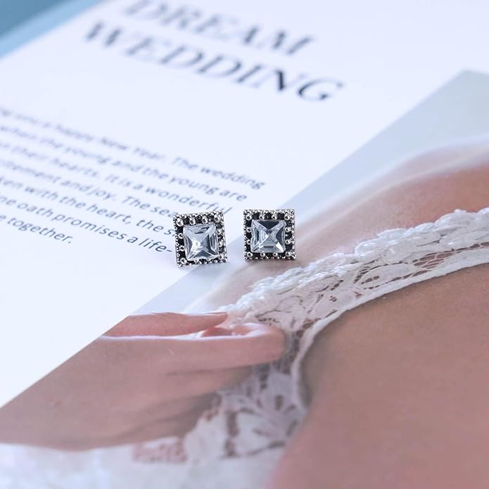 Boho Tiny Crystal Square Earrings Silver Cz Square Earrings Cz Rhinestone Square Stud Earrings Silver Geometric Earrings Jewelry for Women and Girls-Velvo Beauty