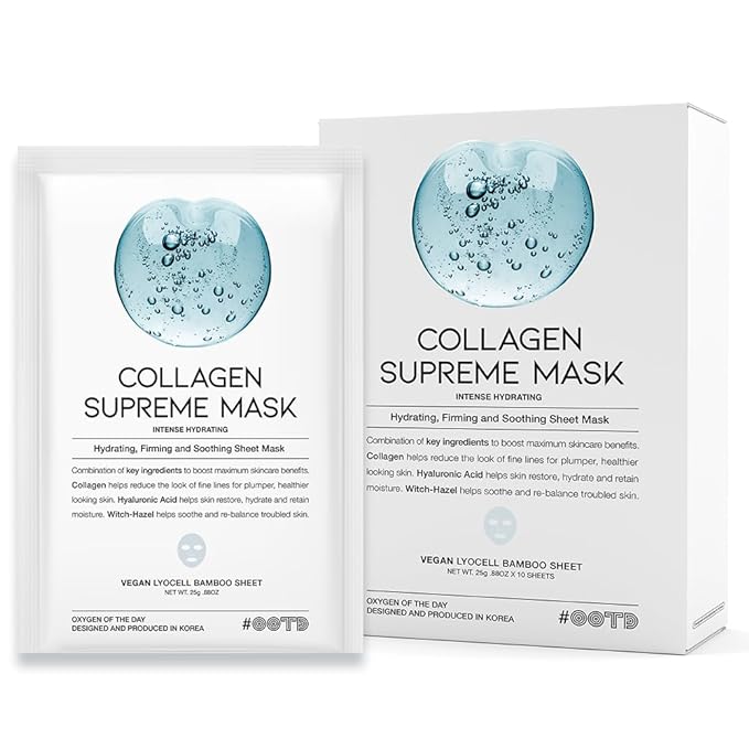 #OOTD Collagen Hydrating Sheet Masks for Face Korean Anti Aging Mask Sheet for Dry Skin & Sensitive Skin, EVE Vegan, Not Tested on Animals, No Parabens, No Sulfates, Hyaluronic Acid, Witch Hazel 10EA-Velvo Beauty