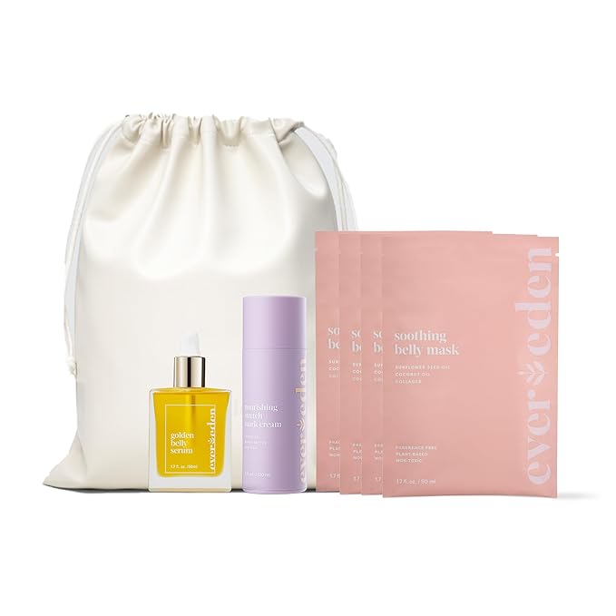 Evereden Nourishing Stretch Mark Cream, 4.0 fl oz. & Golden Belly Serum, 1.7 fl oz. & Soothing Belly Mask for Stretch Marks - 2nd/3rd Trimester Size, 4 pack | 3 Item Bundle Set | Pregnancy Skincare-Velvo Beauty