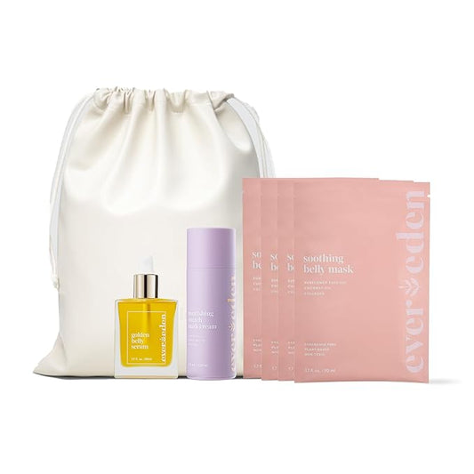 Evereden Nourishing Stretch Mark Cream, 4.0 fl oz. & Golden Belly Serum, 1.7 fl oz. & Soothing Belly Mask for Stretch Marks - 2nd/3rd Trimester Size, 4 pack | 3 Item Bundle Set | Pregnancy Skincare-Velvo Beauty