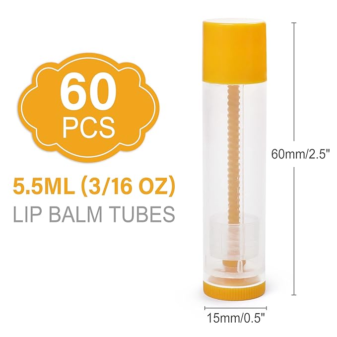 LotFancy Lip Balm Tubes Empty, 60PCS 5.5ml (3/16 Oz), Clear Lip Balm Container Tubes with Yellow Caps, BPA Free & Leak Free, Refillable-Velvo Beauty