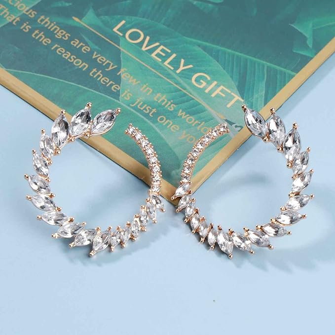 Vintage Rhinestone Hoop Earrings Gold Round Circle Studs Earrings Bright Crystal Earrings Bling Wedding Earrings Jewelry for Women and Girls-Velvo Beauty