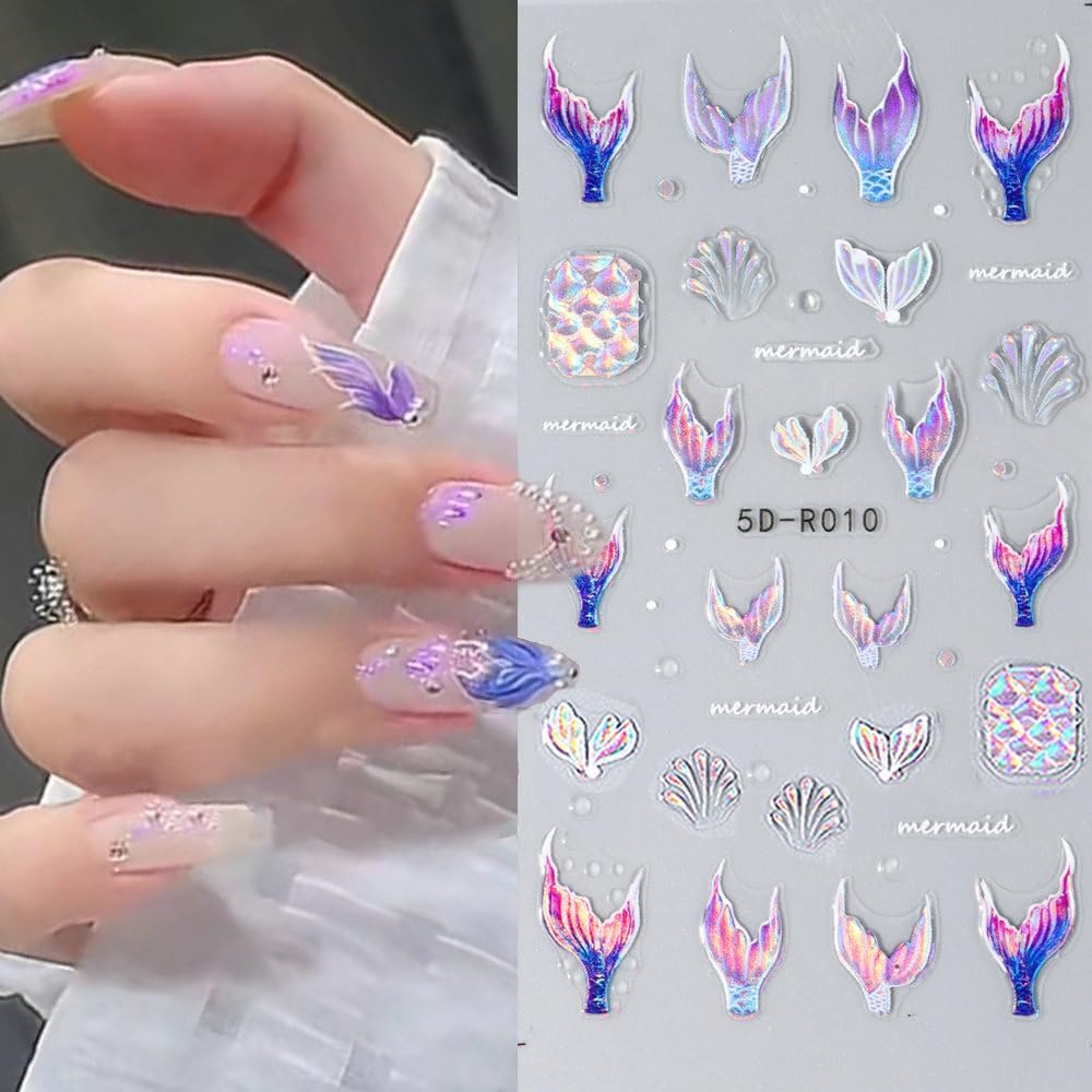 5D Dreamy Mermaid Tail Nail Stickers Summer Nail Decals 5D Embossed Laser Mermaid Nail Art Stickers Sea Wave Fishtail Shellfish Starfish Nail Design Stickers Self Adhsive Ocean Stickers for Nails DIY-Velvo Beauty
