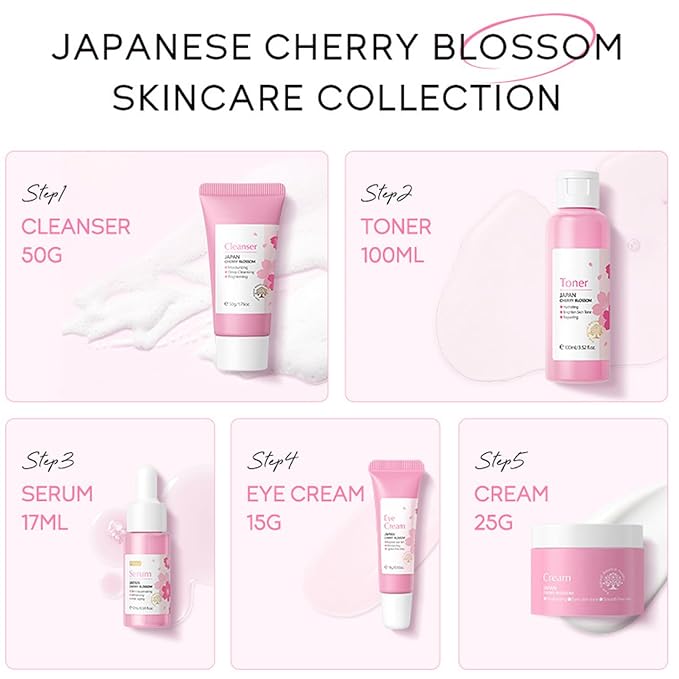 Korean Skin Care Set - Sakura Skin Care Sets & Kits - Women Gift Sets with Cleanser-Toner-Serum-Face Cream-Eye Cream - Skin Care Routine Kit for Women - Beauty Products Gift Box (SetB)-Velvo Beauty