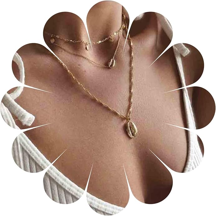 Boho Coin Disc Necklace Choker Gold Layered Shell Pendant Necklace Vintage Seashell Necklace Retro Singapore Chain Necklace Jewelry for Women Gifts-Velvo Beauty