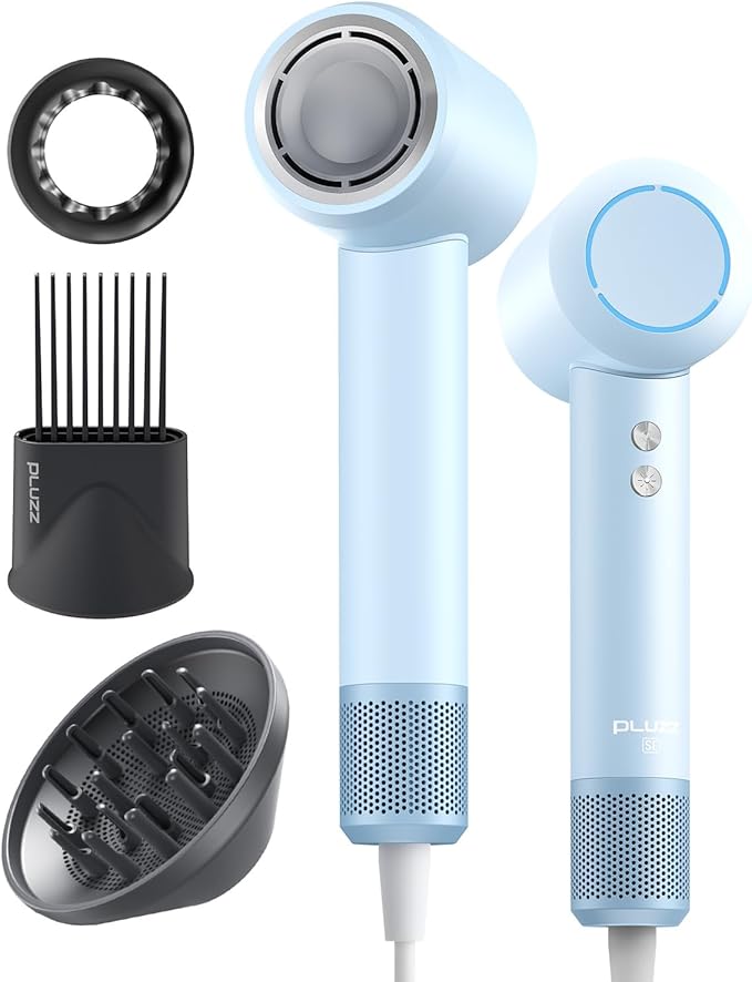 Hair Dryer with Comb & Diffuser Attachment for Curly Hair, PLUZZ 200M Negative Ionic Blow Dryer Brush, High-Speed Brushless Motor Hairdryer Fast, Portable Travel Hair Dryers Quiet, Women/Men/Kids-Velvo Beauty