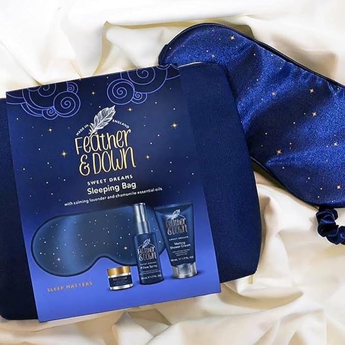 Feather & Down Sleeping Bag Gift Set: Luxury Eye Mask, Sleep Balm, Pillow Spray and Shower Cream, with Calming Lavender & Chamomile Essential Oils, Vegan & Cruelty Free-Velvo Beauty