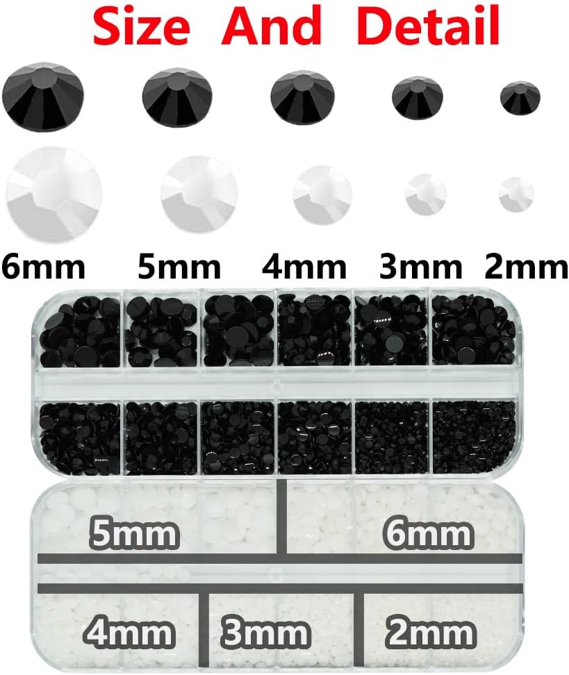 Black And White Rhinestones for Bedazzling With B7000 Glue, 2mm 3mm 4mm 5mm 6mm (SS8-SS30) Non-Hotfix Flatback Nail Gems Beads, Nail Crystals Diamond Kit for Bedazzle Crafting, Nails DIY Art-Velvo Beauty