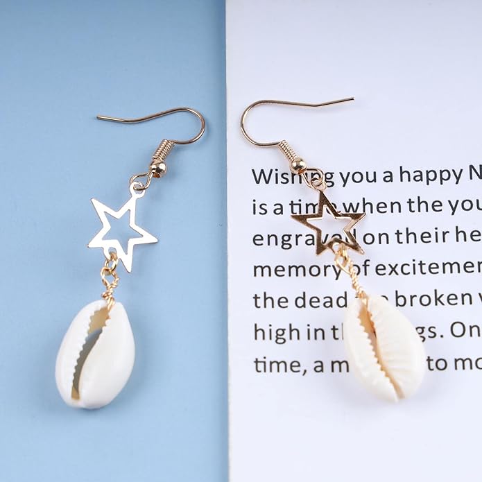 Vintage Cowrie Drop Earrings Puka Shell Dangle Earrings Gold Star Dangling Earrings Hollow Star Earrings Jewelry for Women-Velvo Beauty