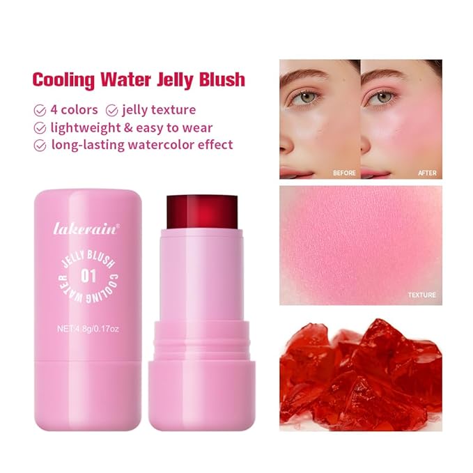 Jelly Cooling Blush Stick, Milk Water Tint, Clear Glossy Long Lasting Sheer Lip & Cheek Stain, Waterproof Light Non-Sticky Buildable Watercolor Finish-Vegan (#1 poppy pink, 0.17oz)-Velvo Beauty