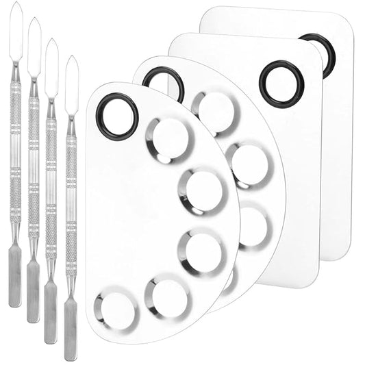 4 Pack Metal Makeup Palette, Makeup Mixing Palette with Spatula Makeup Palette Mixer Tray for Color Mixing and Makeup, Silver（2 Sizes）-Velvo Beauty