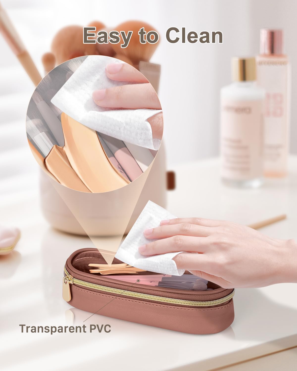 Clear Travel Makeup Brush Holder, Leather Makeup Brush Toiletry Bag, Portable Cosmetic Brush Case, Transparent Waterproof Makeup Brush Storage Bag, Brown-Velvo Beauty